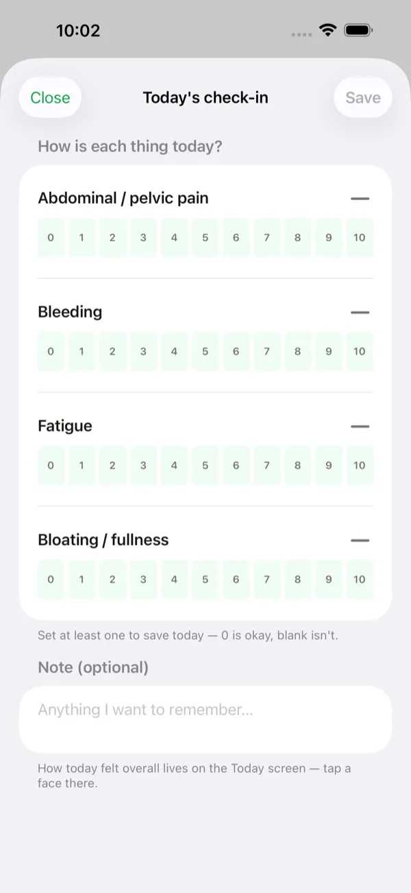 Symptom logging screen with intensity slider