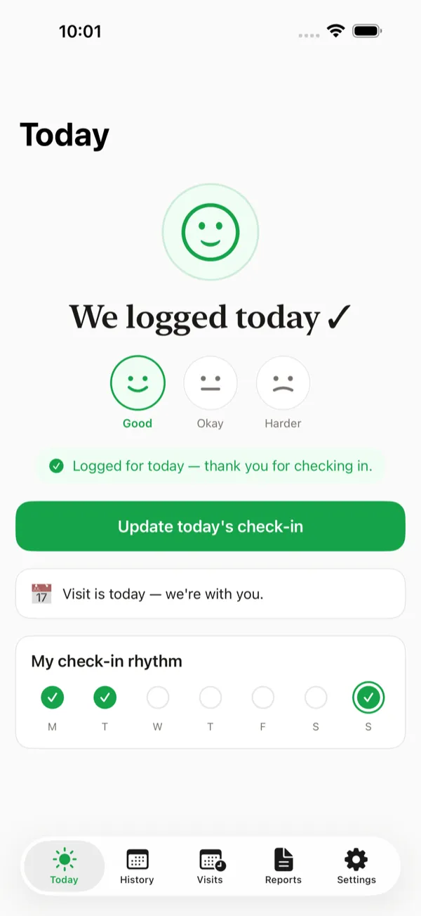 Today view showing daily symptom check-in